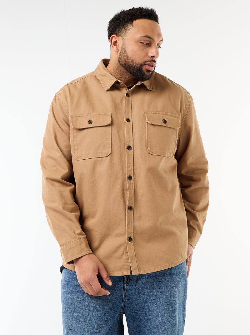 Sobrecamisa em sarja com bolsos de peito com aba Bege - Kiabi