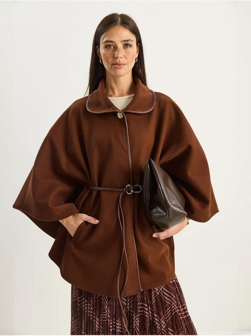 Sobretudo comprido oversized em mistura de lã texturizada com colarinho de casaco lucci Castanho-chocolate - Kiabi
