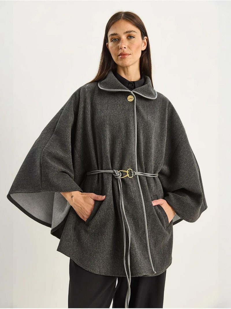 Sobretudo comprido oversized em mistura de lã texturizada com colarinho de casaco lucci Cinza-preto - Kiabi