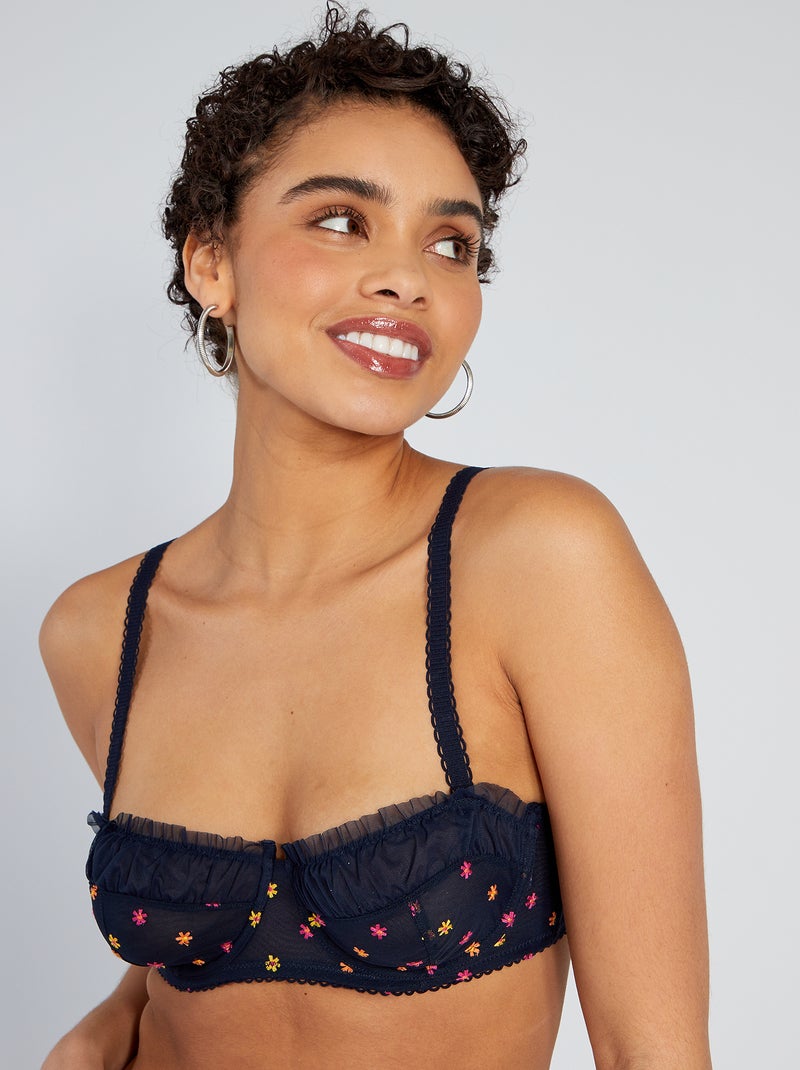Soutien decotado em tule e flores bordadas AZUL - Kiabi