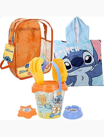 Stitch conjunto de praia com mochila e poncho.