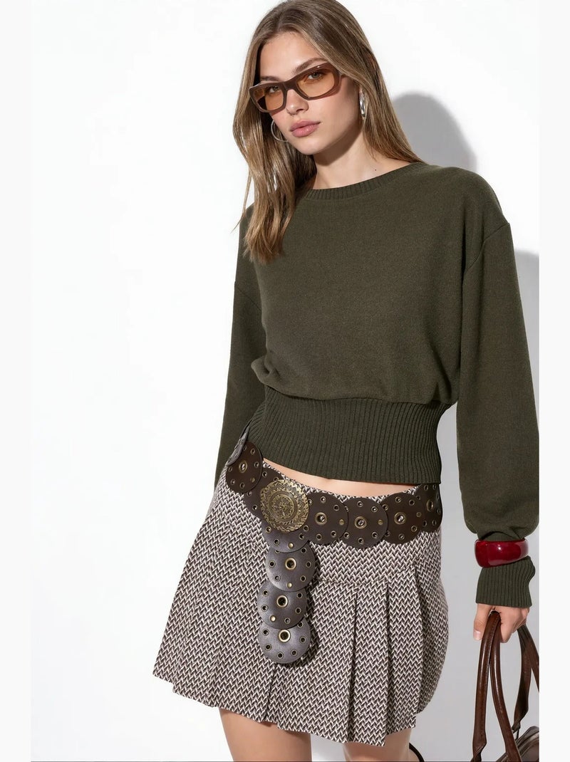 Suéter cropped canelado feminino com gola careca busem Preto - Kiabi