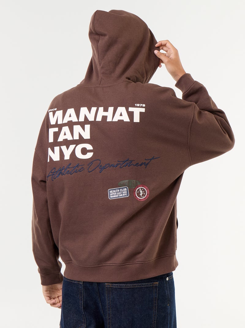 Sweat com capuz com inscrição à frente e atrás Castanho - Kiabi