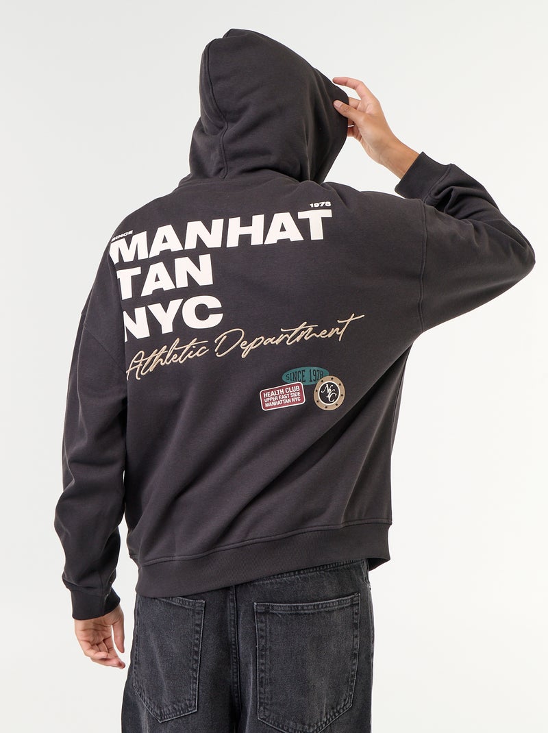 Sweat com capuz com inscrição à frente e atrás Preto - Kiabi