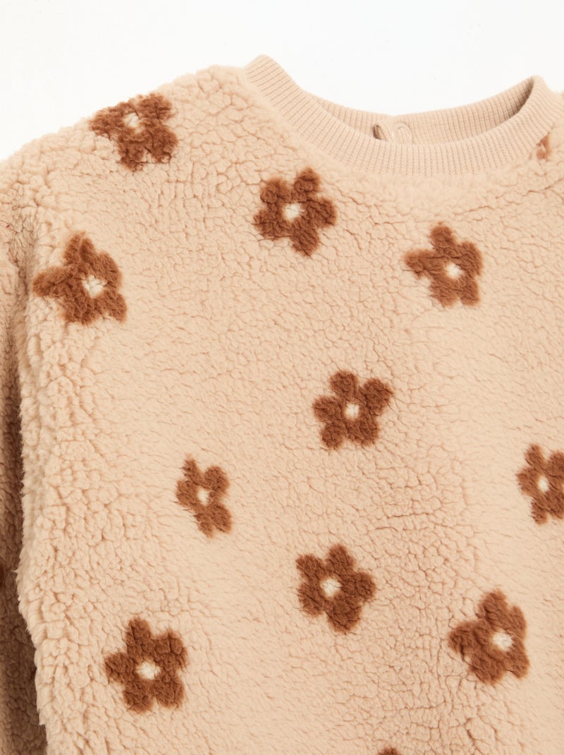 Sweat com efeito carneirinho e bordados Beige - Kiabi
