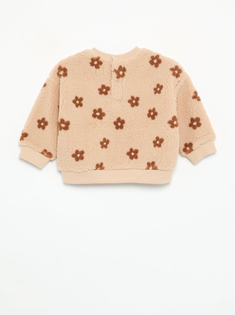 Sweat com efeito carneirinho e bordados Beige - Kiabi