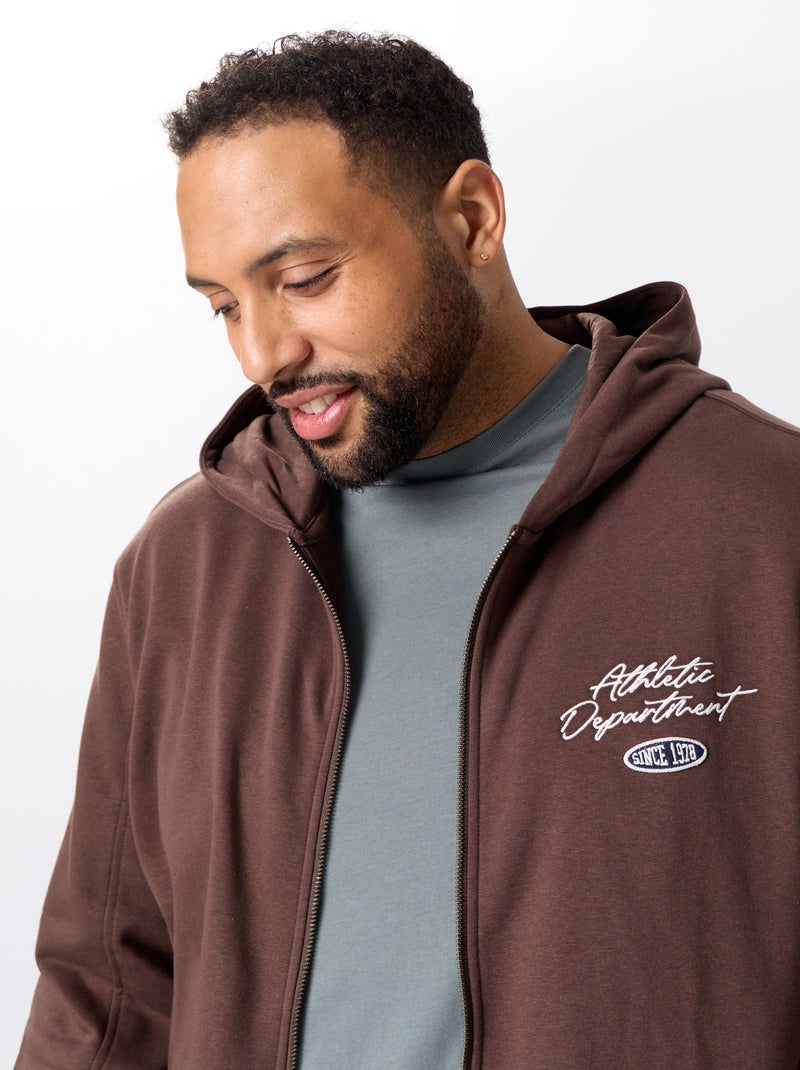 Sweat com fecho e capuz com inscrições bordadas Castanho - Kiabi