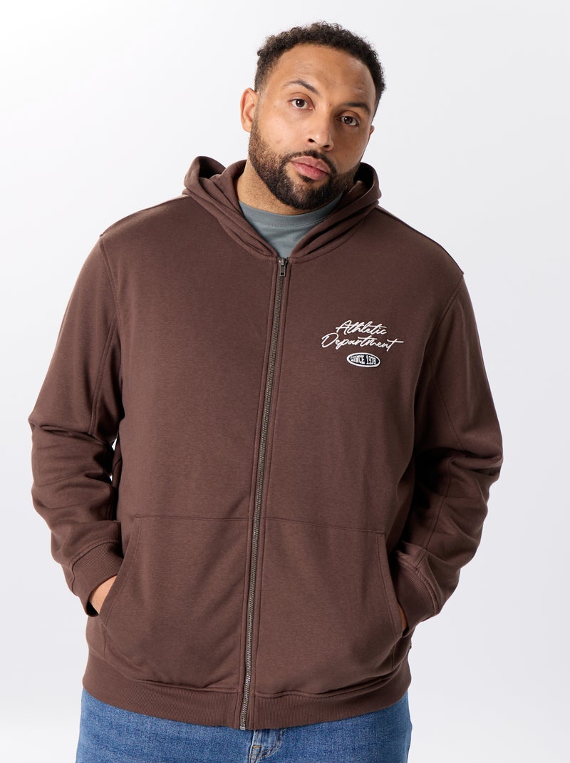 Sweat com fecho e capuz com inscrições bordadas Castanho - Kiabi