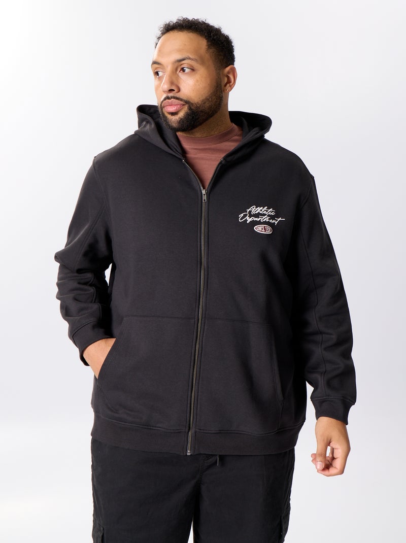 Sweat com fecho e capuz com inscrições bordadas Preto - Kiabi