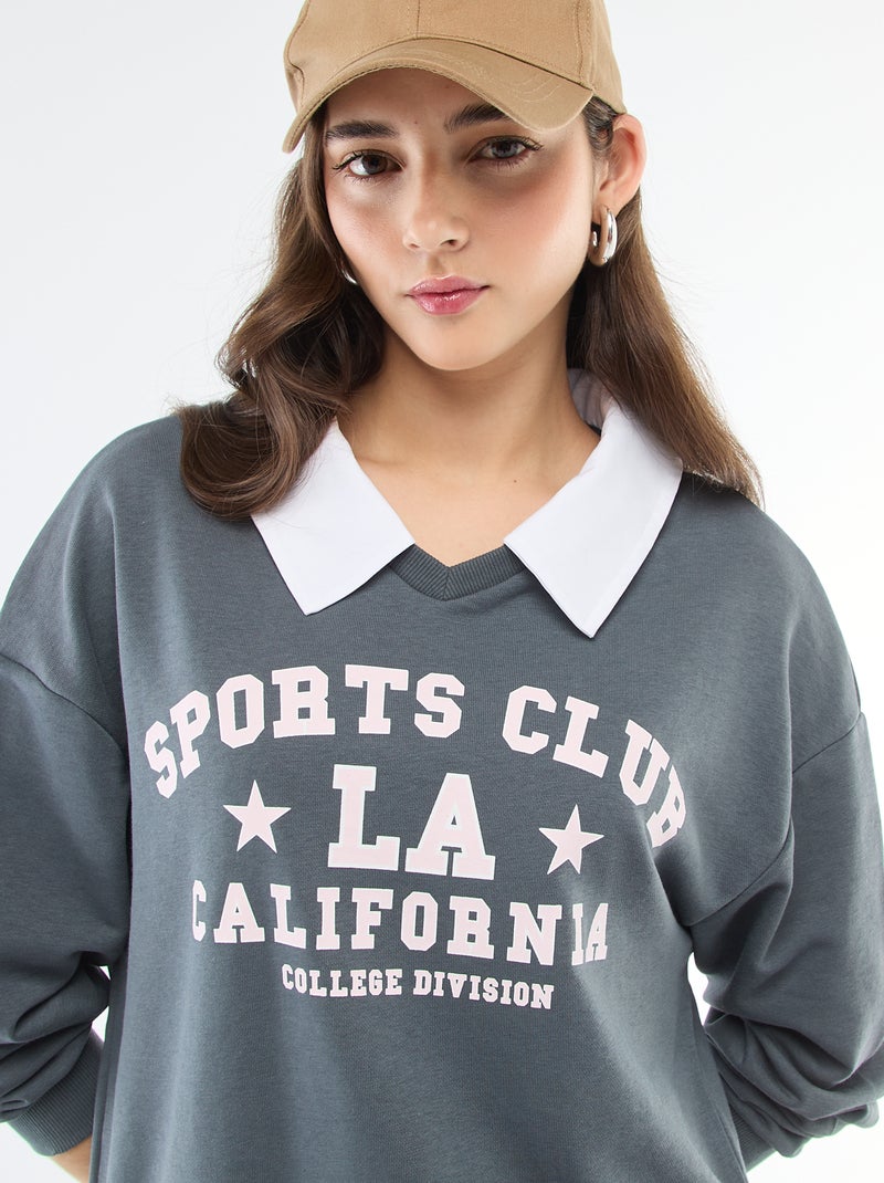 Sweat de gola redonda estilo 'campus' Cinza - Kiabi