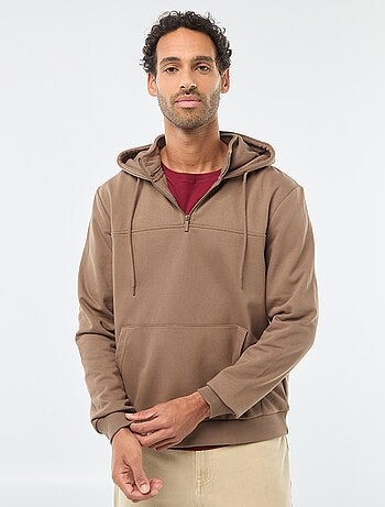 Sweat de moletom com capuz e abertura com zíper no colarinho