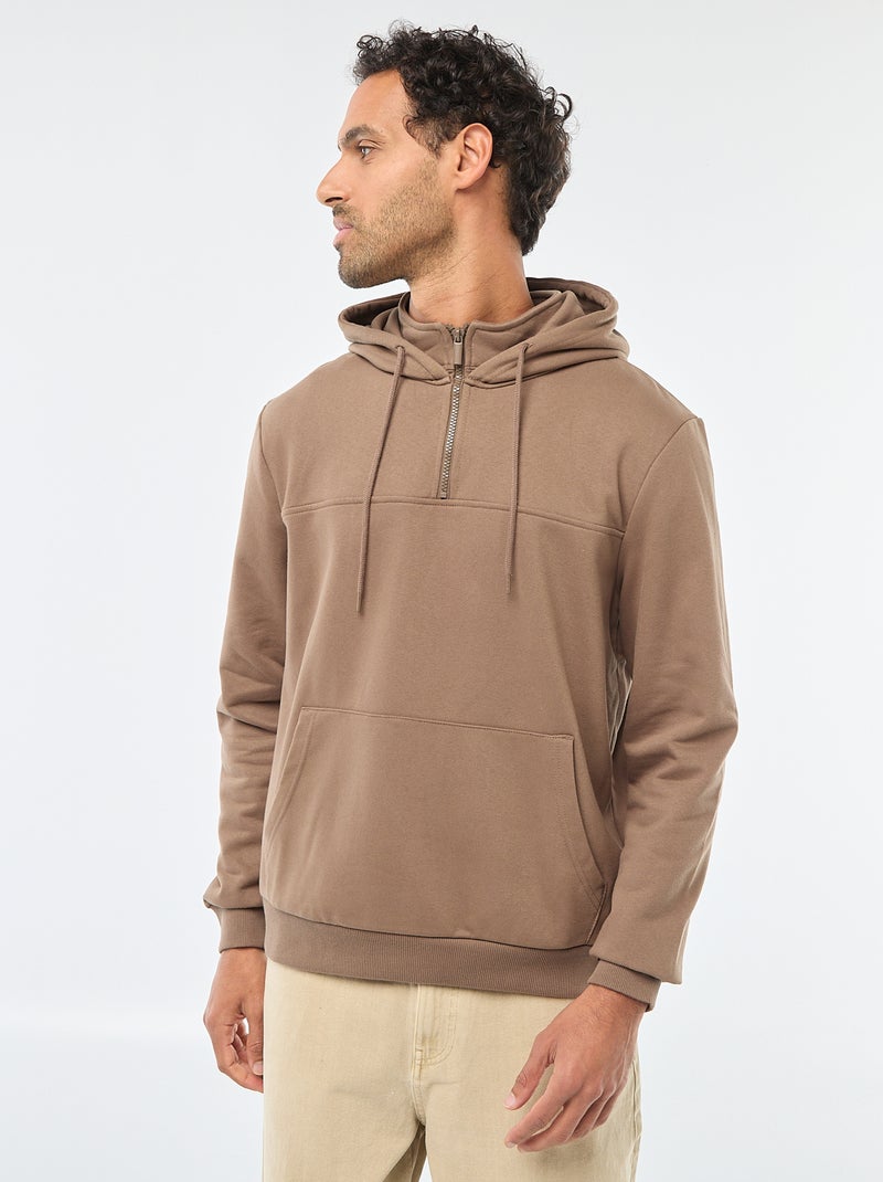 Sweat de moletom com capuz e abertura com zíper no colarinho Castanho - Kiabi