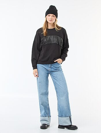 Sweat 'JDY' em moletom quente com franjas de strass
