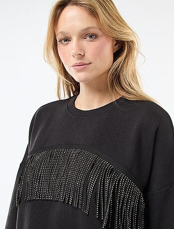 Sweat 'JDY' em moletom quente com franjas de strass