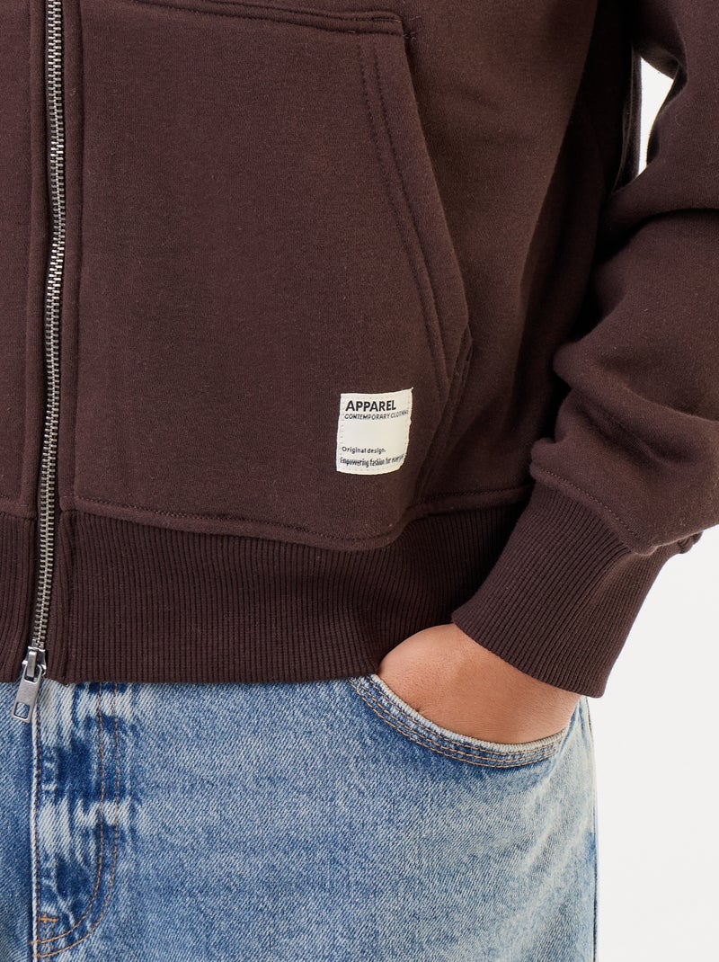 Sweat liso com capuz e fecho Castanho - Kiabi