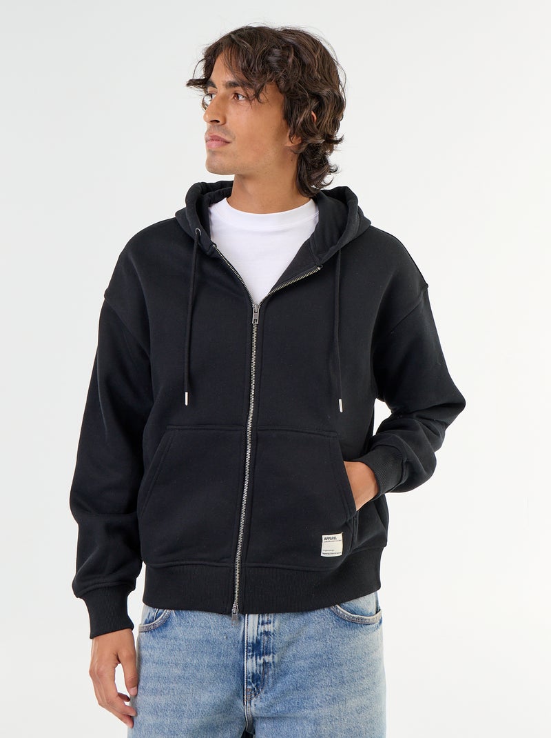 Sweat liso com capuz e fecho Preto - Kiabi
