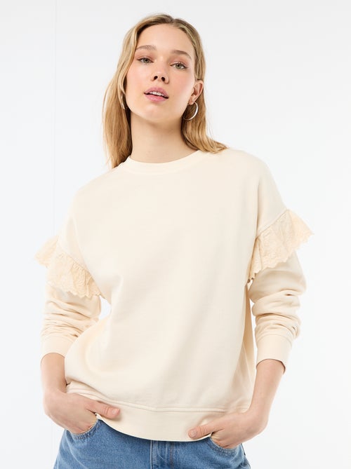 Sweat liso com folhos em bordado inglês nas mangas - Kiabi