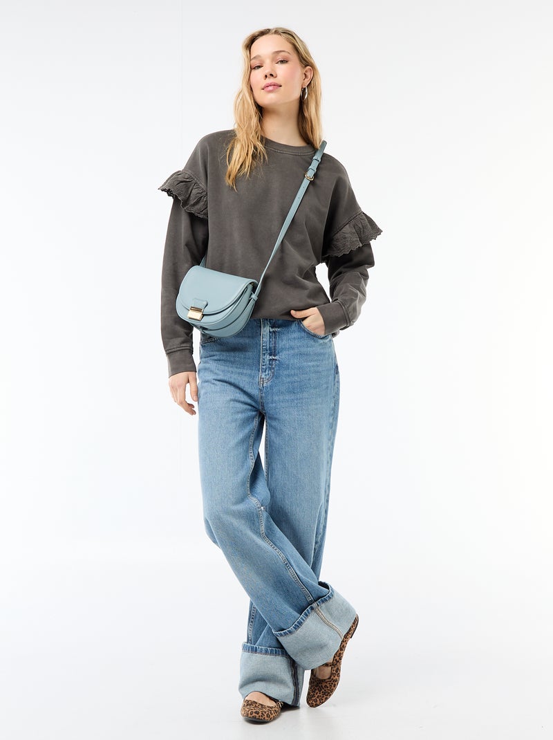 Sweat liso com folhos em bordado inglês nas mangas Cinza - Kiabi