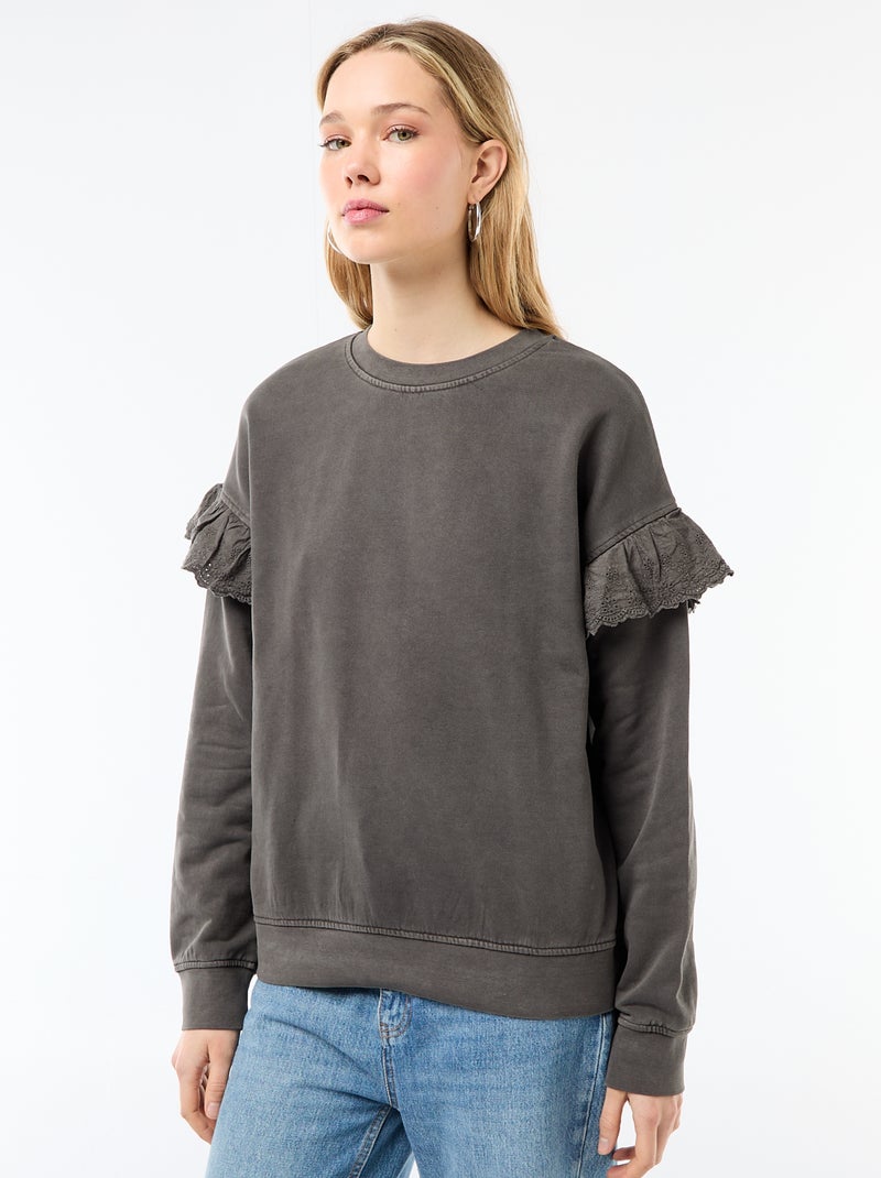 Sweat liso com folhos em bordado inglês nas mangas Cinza - Kiabi