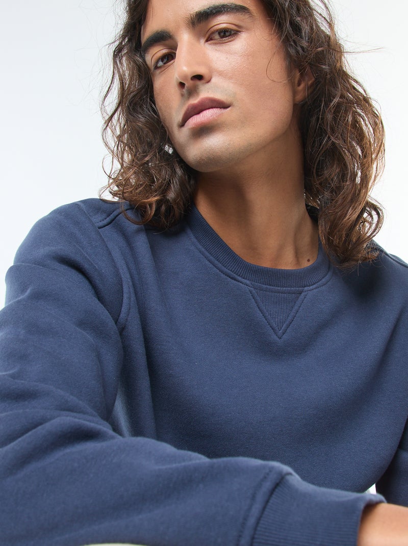 Sweat liso de gola redonda em moletom cardado Azul - Kiabi