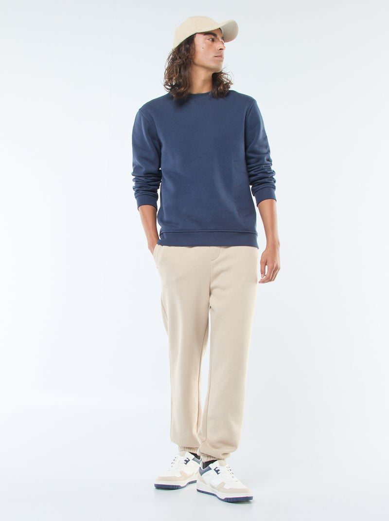 Sweat liso de gola redonda em moletom cardado Azul - Kiabi