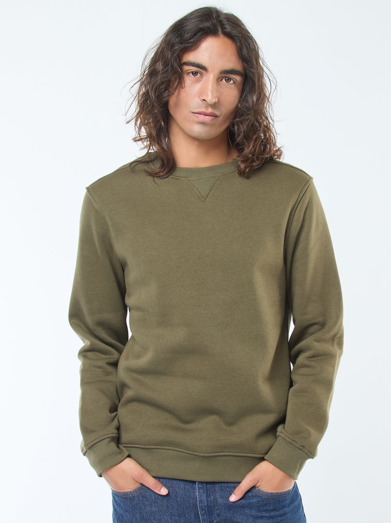 Sweat liso de gola redonda em moletom cardado Caqui - Kiabi