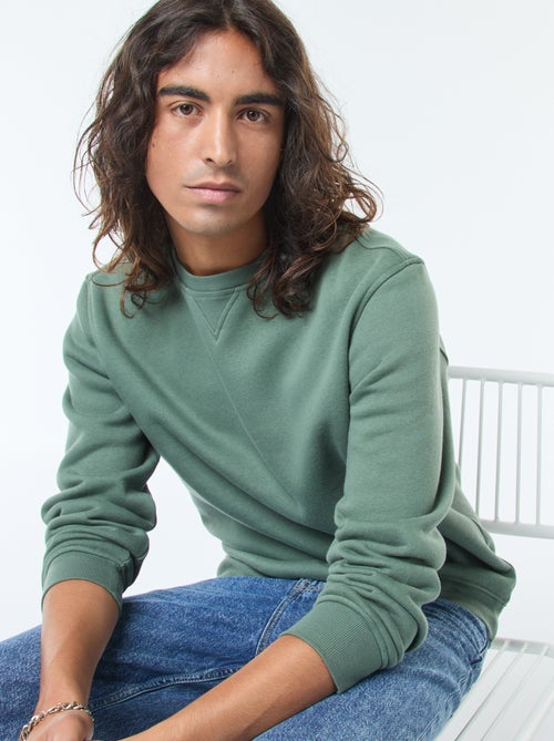 Sweat liso de gola redonda em moletom cardado - Kiabi