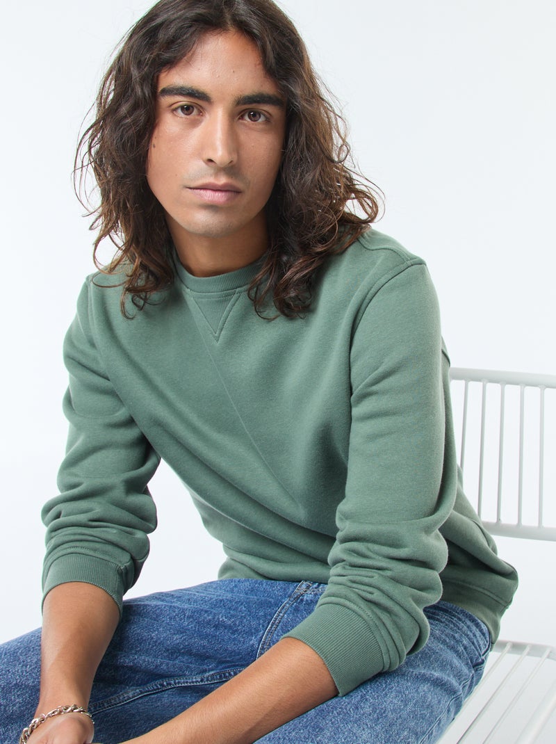 Sweat liso de gola redonda em moletom cardado Verde - Kiabi