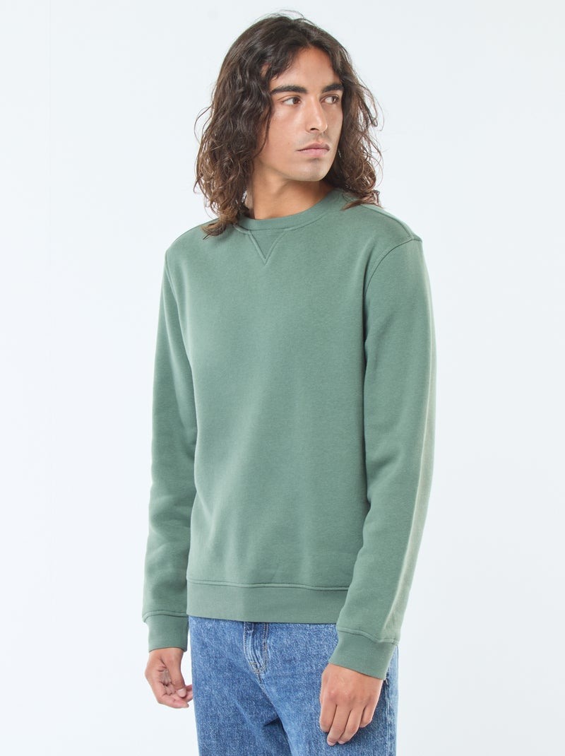 Sweat liso de gola redonda em moletom cardado Verde - Kiabi