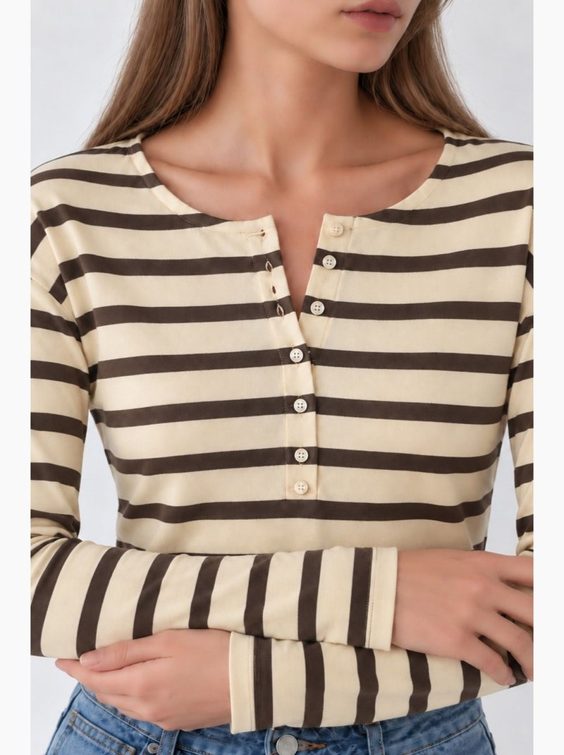 Sweatshirt às riscas com gola de botões hiccup Creme - Kiabi