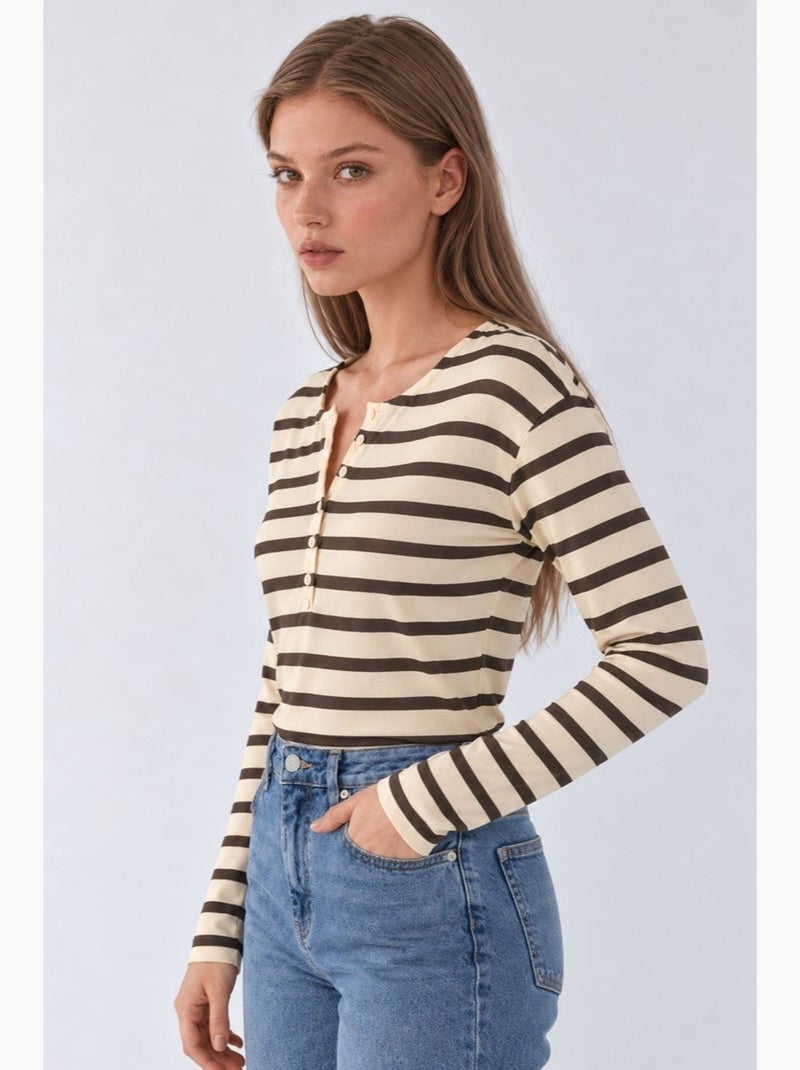 Sweatshirt às riscas com gola de botões hiccup Creme - Kiabi