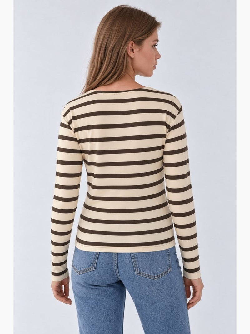 Sweatshirt às riscas com gola de botões hiccup Creme - Kiabi