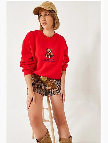 Sweatshirt básica com estampado de urso e detalhes canelados lucci