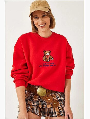 Sweatshirt básica com estampado de urso e detalhes canelados lucci