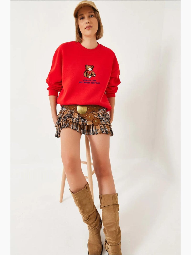 Sweatshirt básica com estampado de urso e detalhes canelados lucci Vermelho - Kiabi