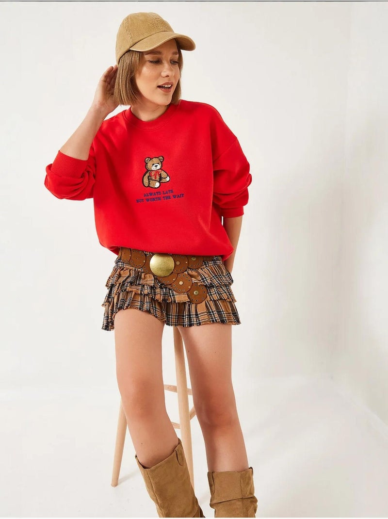 Sweatshirt básica com estampado de urso e detalhes canelados lucci Vermelho - Kiabi
