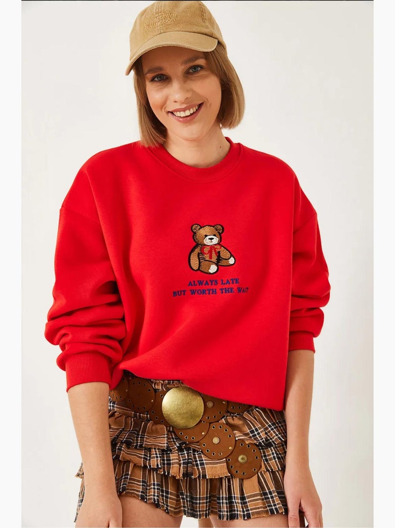 Sweatshirt básica com estampado de urso e detalhes canelados lucci Vermelho - Kiabi