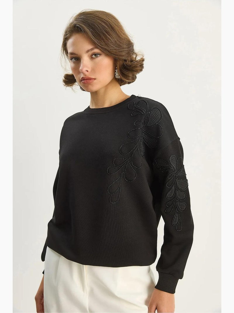 Sweatshirt bordada com gola redonda e manga comprida lucci Preto - Kiabi