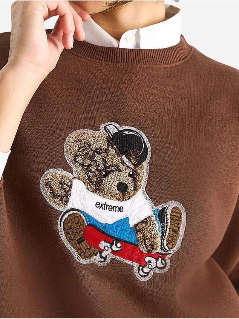 Sweatshirt bordada de gola redonda e manga comprida lucci Castanho-chocolate - Kiabi