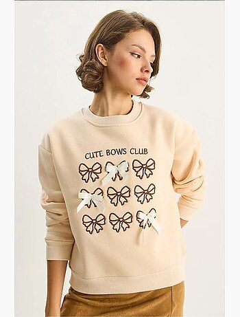 Sweatshirt canelada estampada com gola redonda e manga comprida lucci