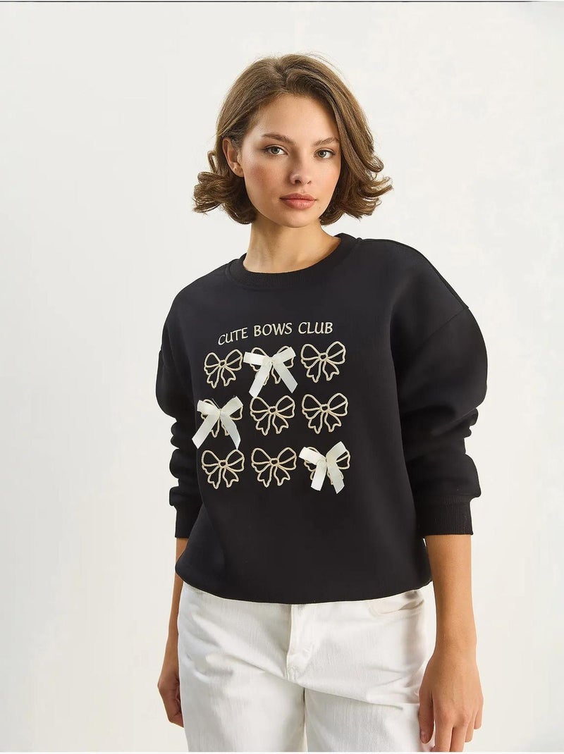 Sweatshirt canelada estampada com gola redonda e manga comprida lucci Preto - Kiabi