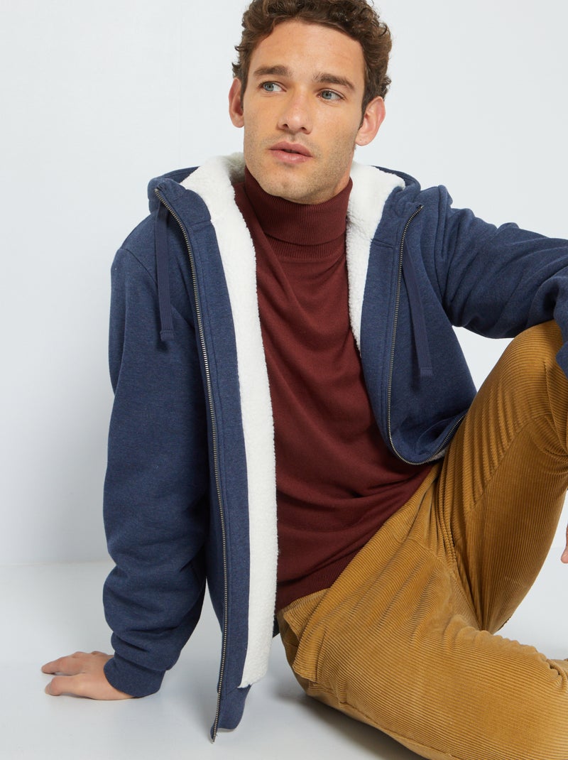 Sweatshirt com capuz com fecho com interior efeito lã de carneiro AZUL - Kiabi