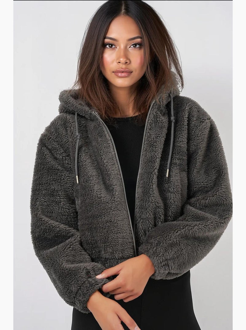 Sweatshirt com capuz curta em peluche com fecho de correr frontal bdart Cinza-preto - Kiabi