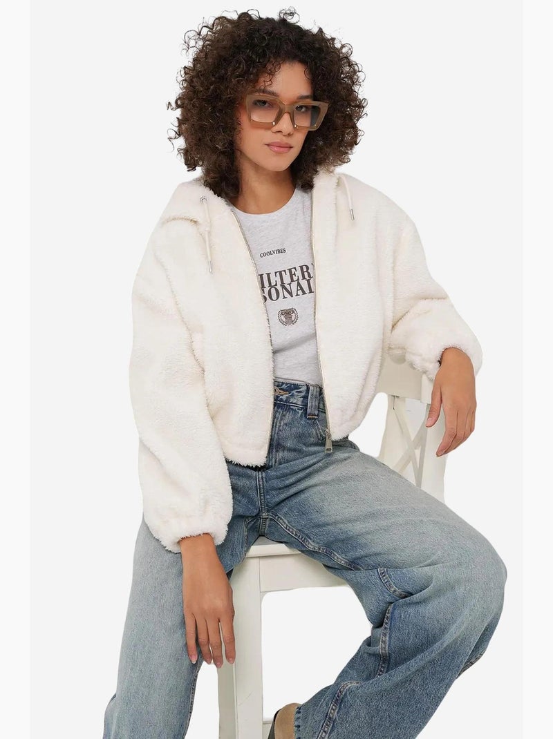 Sweatshirt com capuz curta em peluche com fecho de correr frontal bdart Marfim - Kiabi