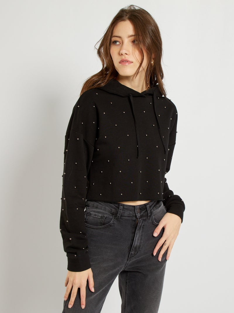 Sweatshirt com capuz e pérolas Preto - Kiabi