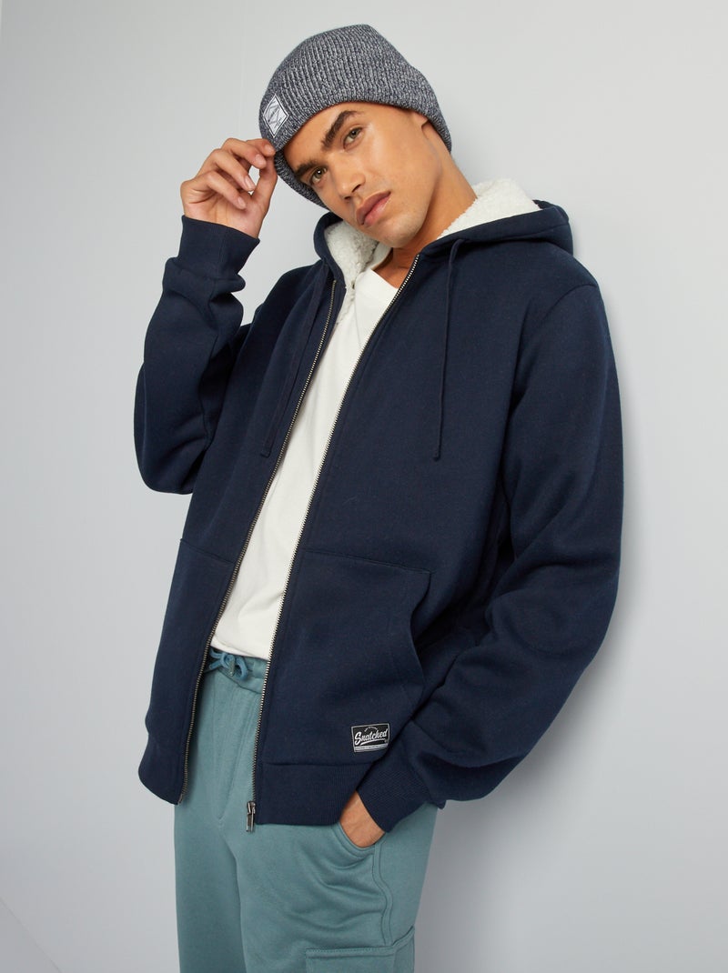 Sweatshirt com capuz forrado com fecho efeito lã de carneiro AZUL - Kiabi