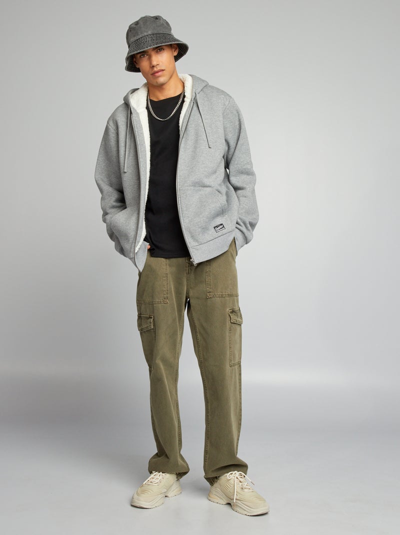 Sweatshirt com capuz forrado com fecho efeito lã de carneiro CINZA - Kiabi