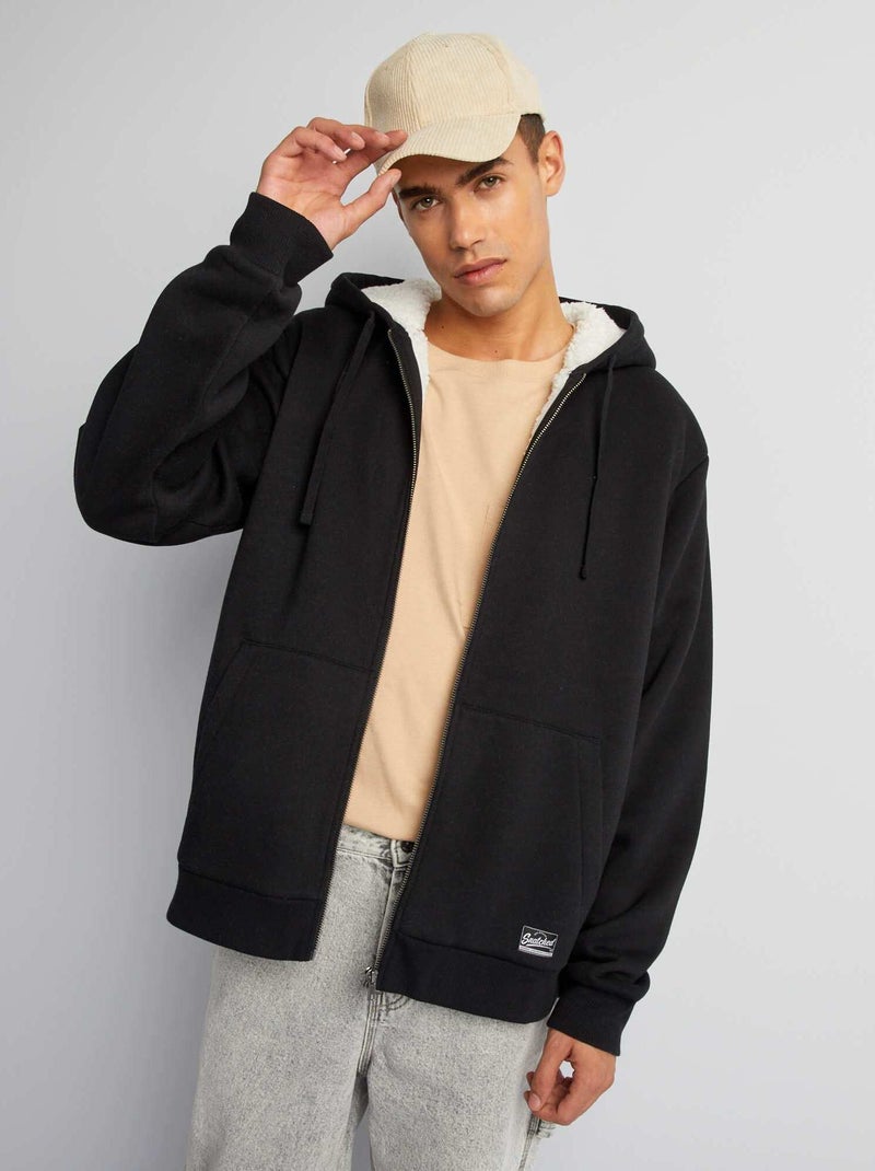 Sweatshirt com capuz forrado com fecho efeito lã de carneiro PRETO - Kiabi