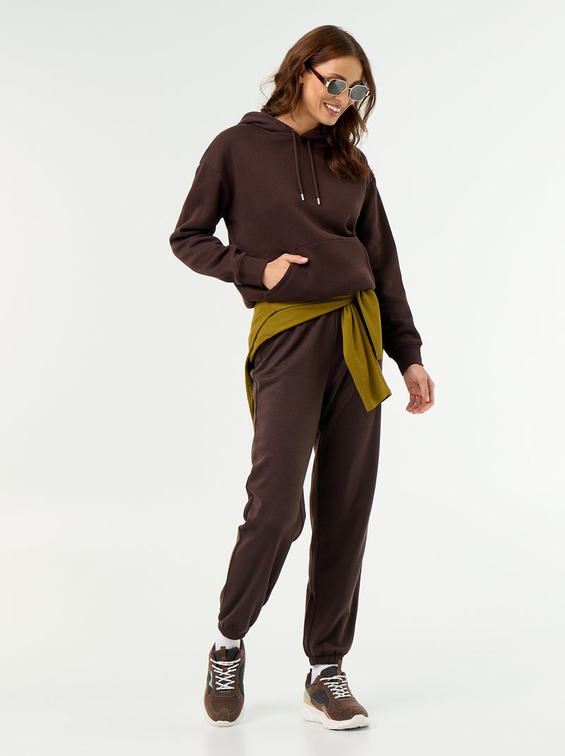 Sweatshirt com capuz lisa e bolso canguru Castanho - Kiabi