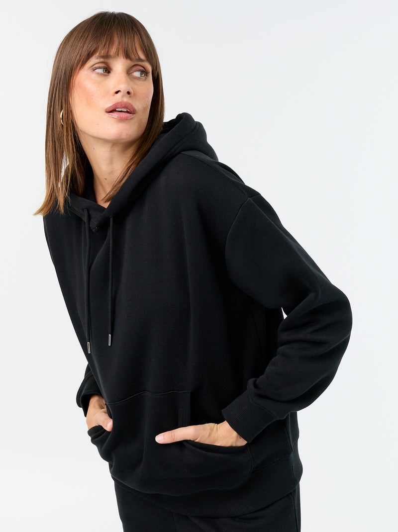 Sweatshirt com capuz lisa e bolso canguru Preto - Kiabi